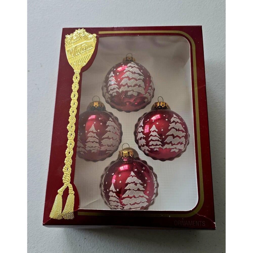 Set Of 4 Festive Tree Red Christmas by Victoria Collection Ornaments